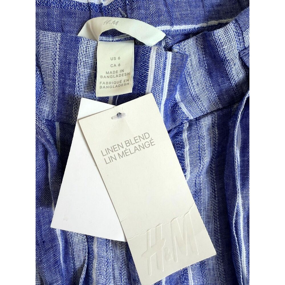 H&M Women’s Size 6 Blue White Striped Linen Blend Paperbag Belted Shorts - Picture 13 of 14